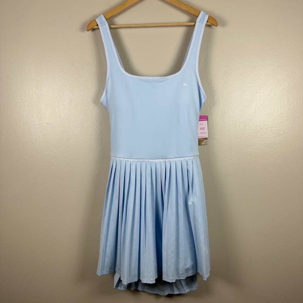 Tommy Bahama Women's L Tennis Dress Light Blue Pleated UPF 50 Activewear NEW